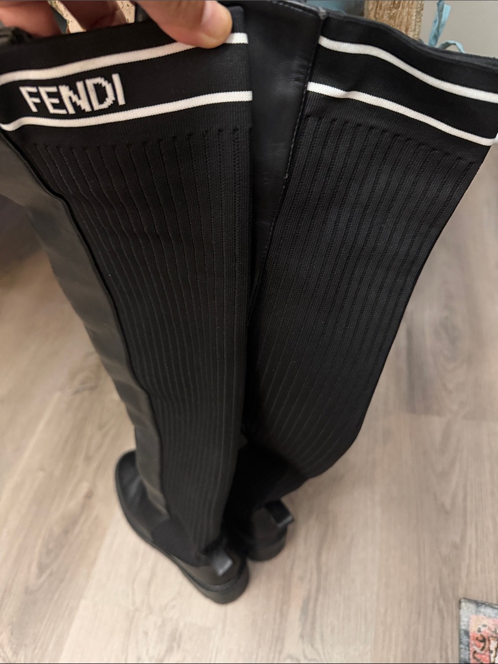 Fendi Black Ribbed Over-the-Knee Leather Boots with Logo Trim - Picture 9 of 14